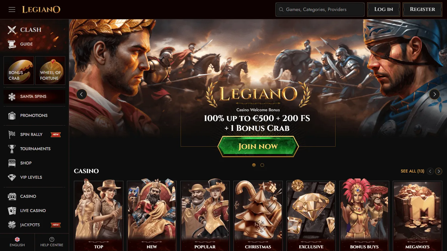 Legiano Casino home interface on a desktop computer