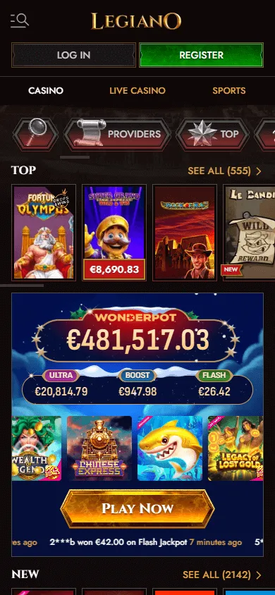 Legiano Casino games interface on a mobile phone