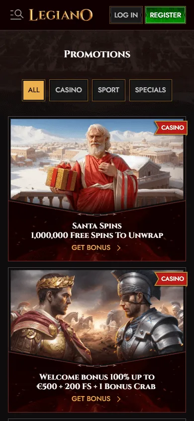 Legiano Casino promotions interface on a mobile phone