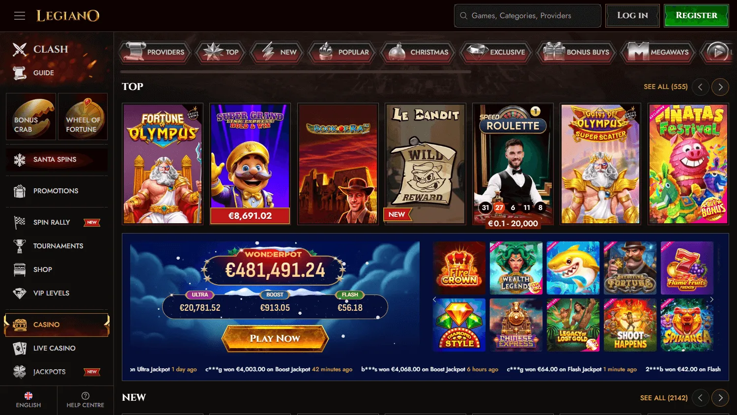 Legiano Casino games interface on a desktop computer