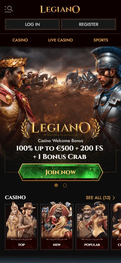 Legiano Casino home interface on a mobile phone