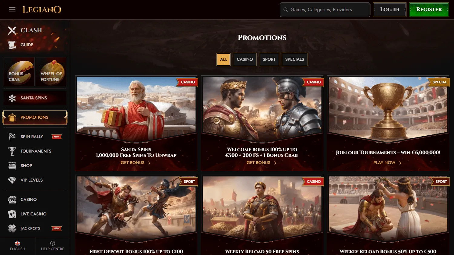 Legiano Casino promotions interface on a desktop computer